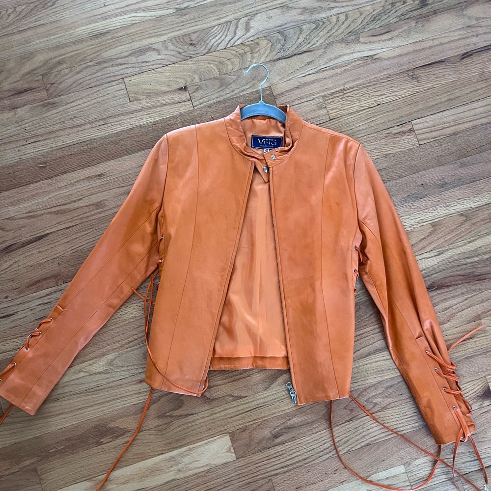 Vinci Firenze Italia Orange Leather Lace-Up Sleeve Jacket